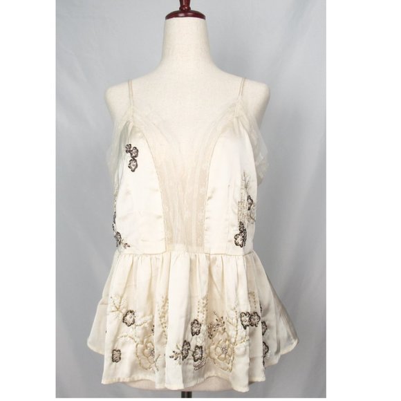 Anthropologie Let Me Be Beaded Lace Trim Silky Cami Ivory - Small - Picture 2 of 15